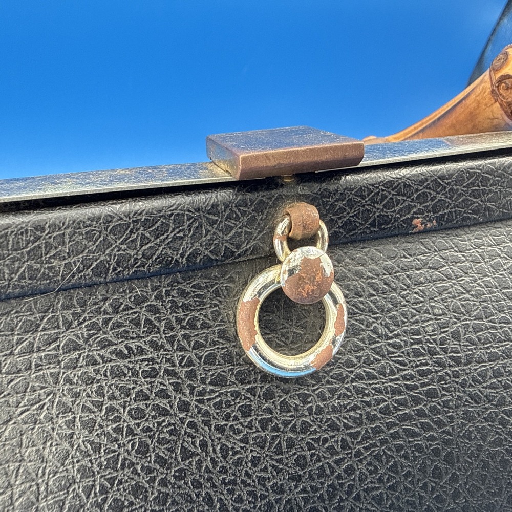 VTG 60s Black Pebbled Top Handle Handbag Bamboo Handle Frame Purse Classic - Picture 7 of 10